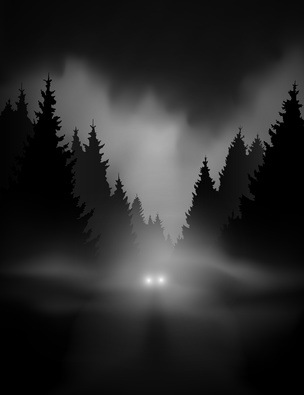car on dark road at night through misty forest editable vector
